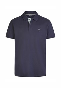Marineblauwe polo gemaakt van katoen, met een twee-knops sluiting, korte mouwen en een subtiele logo op de linkerborst.