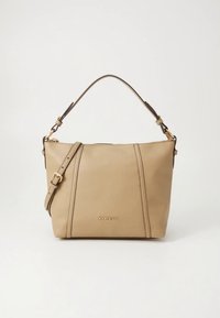 Beżowa skórzana torba na ramię o strukturalnym designie, złote okucia oraz odpinany, regulowany pasek. Charakteryzuje się pionowymi przeszyciami i detalem z logo.