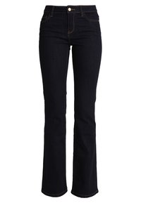 Mörkblå denimjeans med utsvängd bendesign, med knapp- och dragkedjestängning, kontrasterande sömmar och femficksstil.