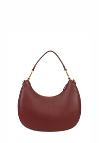 Borsa hobo in pelle bordeaux con silhouette curva, chiusura superiore con cerniera e dettagli hardware color oro sulla tracolla. Texture liscia.