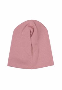 Beanie rosa lavorato a maglia con una texture liscia, forma arrotondata e cima arricciata, progettato per adattarsi perfettamente alla testa.