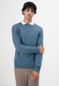 Jonge man met donker, krullend haar, gekleed in een blauwe gebreide trui over een wit overhemd met kraag en beige broek, staande tegen een effen witte achtergrond.