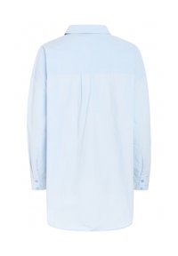 Light blue shirt with a collared neckline, long sleeves, and button cuffs. Smooth texture with a slightly loose fit and a plain back.