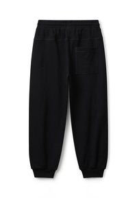 Czarne dresowe spodnie z elastycznym pasem, ściągaczami przy nogawkach oraz jedną naszywaną kieszenią z tyłu po prawej stronie.