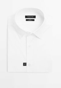 White cotton dress shirt, slim fit design, featuring a classic collar, single button closure, and a product tag on the side.