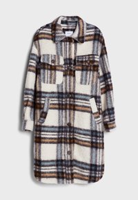 Kariertes Fleece-Mantel in Creme, Blau, Braun und Schwarz mit zwei Brusttaschen, seitlichen Taschen und Knopfverschluss. Weicher Stoff und lange Ärmel.