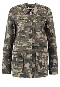 Camouflage military-style jacket with buttoned front, two chest flap pockets, and two large lower flap pockets, long sleeves, and shoulder epaulets.