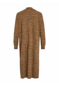 Cardigan long en maille marbrée marron avec manches longues, vu de dos sur fond blanc.