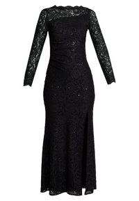 Černé krajkové šaty s dlouhými rukávy, květinovým vzorem, flitry, přiléhavým střihem a bočním rozparkem. Detail s vlnkovaným výstřihem.