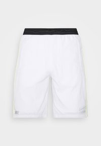 Bílé sportovní kraťasy s černým pasem a neonově žlutými bočními akcenty. Obsahují malé šedé logo na lemu. Lehký materiál.