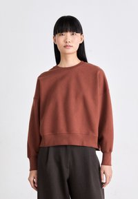Sudadera corta marrón con mangas largas, hecha de un tejido suave. Presenta un cuello redondo y costuras de hombro ligeramente caídas.