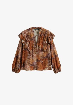 Blouse à manches longues dans des tons chauds d'orange, de marron et de violet. Dotée d'un col et de manches à volants, d'un imprimé floral et d'un tissu doux et léger.