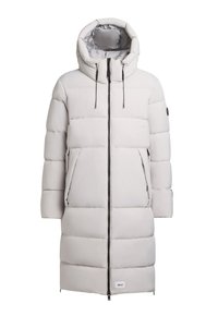 Hellgraue Steppjacke mit hohem Kapuzenkragen, dicker, quiltierter Optik, Reißverschluss, Eingrifftaschen und einem Logoetikett am Saum.