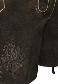 Brown suede short with intricate black embroidery featuring floral motifs on the left side. Includes decorative lace-up detail on the front.