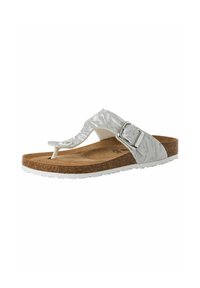 Sömlösa flip-flop sandaler i silverlackerat läder med en texturerad rem, korkfotbädd och vit gummisula. Justerbar spänne accent.