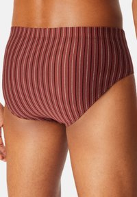 Costumi da bagno da uomo a strisce rosse e marroni, con una cintura comoda e un design aderente in morbido cotone.