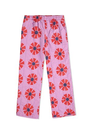 Pantalons rose clair avec un motif floral comportant des fleurs rouges et des centres bleus. Taille élastique, coupe droite, tissu texturé.