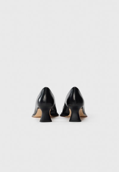 Black leather high-heeled shoes with a pointed toe and a flared heel. Smooth texture and minimal design without embellishments.