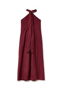 Burgunderfarbene Halterkleid aus gerafftem Stoff, mit einem bindbaren Hals und einer fließenden, knöchellangen Silhouette.