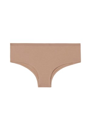 Beige Baumwoll-Hipster-Unterhosen mit normaler Taille, glatter Textur und minimaler Nahtführung, mit abgerundeten seitlichen Öffnungen und ohne sichtbare Nähte.