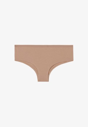 Beige Baumwoll-Hipster-Unterhosen mit normaler Taille, glatter Textur und minimaler Nahtführung, mit abgerundeten seitlichen Öffnungen und ohne sichtbare Nähte.