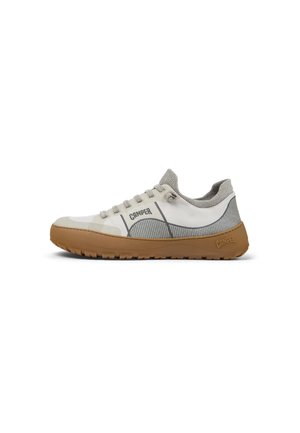 Lightweight sneaker in off-white and grey. Features mesh upper, rubber sole, and textured accents. Lace-up design with logo detail.