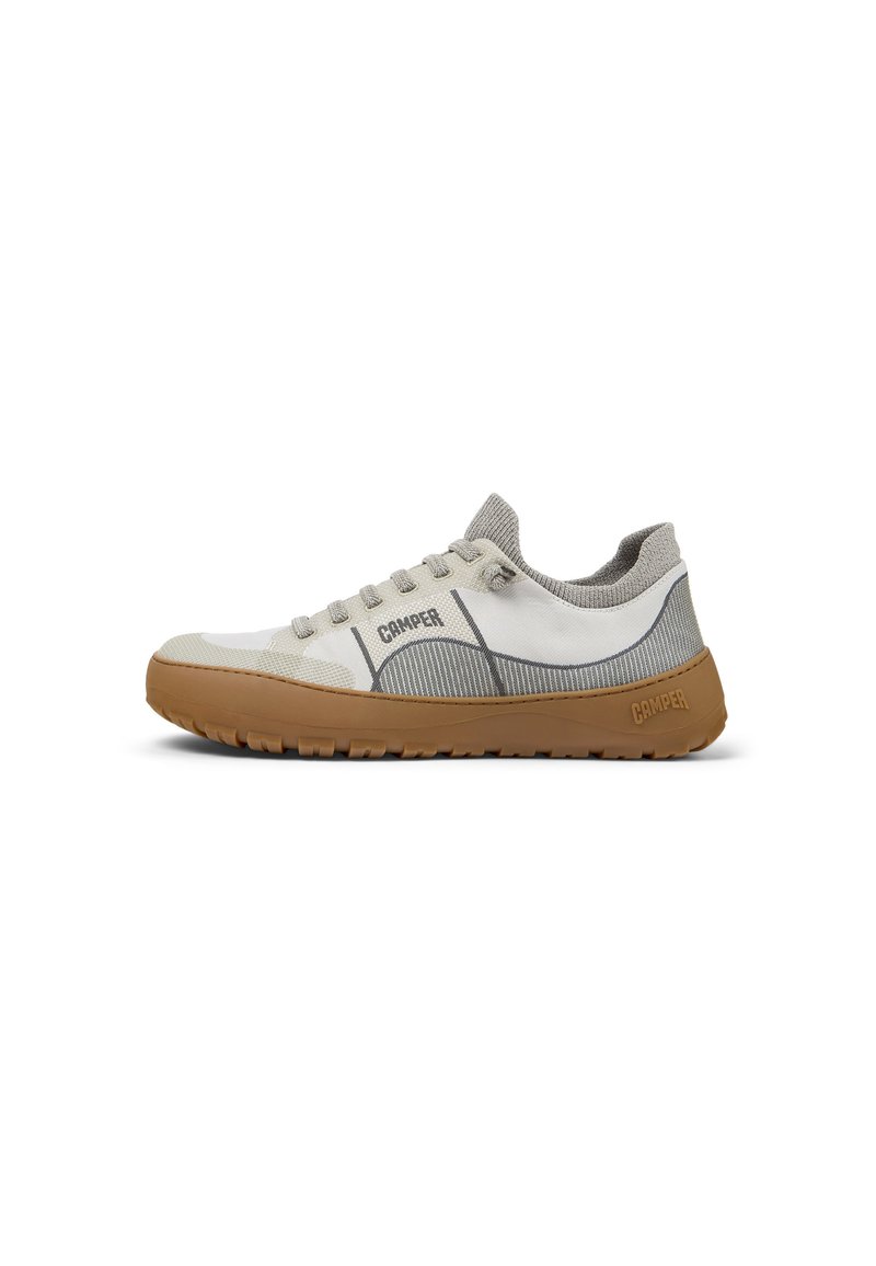Lightweight sneaker in off-white and grey. Features mesh upper, rubber sole, and textured accents. Lace-up design with logo detail.