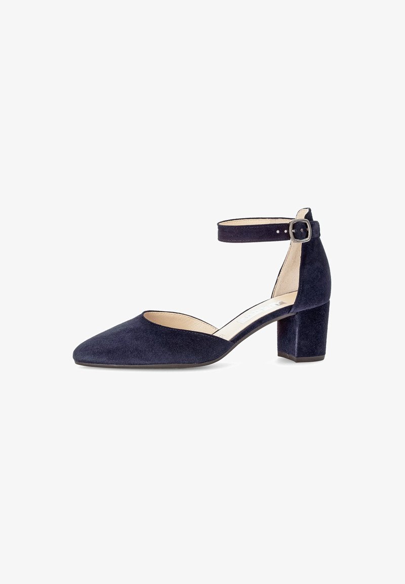 Navy suede ankle strap pump with a pointed toe and a chunky block heel. The strap features a small metal buckle for adjustment.