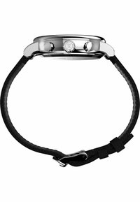 Silver-tone watch with a round metal case, black textured rubber strap, stainless steel hardware, and a prominent crown detail.