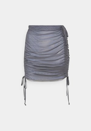 Gray fabric mini skirt with side ruching and drawstrings, featuring a smooth texture and a fitted shape, designed for a contemporary look.