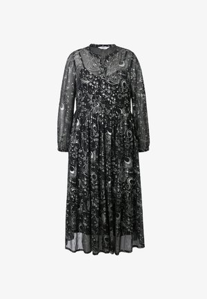 Zwarte midi-jurk met lange mouwen en een hemels patroon van manen, sterren en zonnen, met een ronde halslijn en een vloeiende, geraffineerde rok.