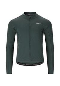 Dark green long-sleeve cycling jacket with a full front zipper, textured fabric, and black branded hem. Features a mock collar.
