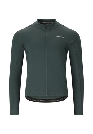 Dunkelgrüne Langarm-Radjacke mit durchgehendem Reißverschluss, strukturiertem Stoff und schwarzem Markenabschluss. Mit Stehkragen.
