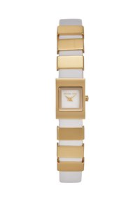 Montre carrée dorée avec cadran blanc. Le bracelet en cuir blanc présente des maillons rectangulaires dorés. Le logo de la marque est affiché sur le cadran.