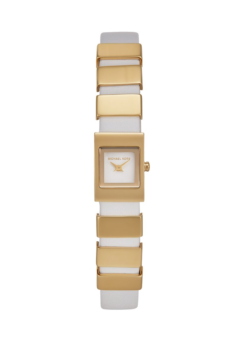 Montre carrée dorée avec cadran blanc. Le bracelet en cuir blanc présente des maillons rectangulaires dorés. Le logo de la marque est affiché sur le cadran.