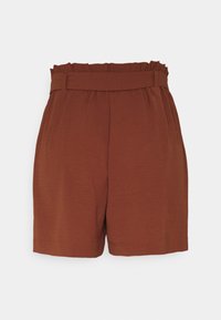 Shorts marron en tissu léger. Dotés d'une ceinture froncée, de plis et d'une coupe décontractée. L'ourlet se termine juste au-dessus du genou.