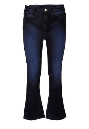 Dunkelblaue Schlagjeans mit Vordertaschen, Knopfverschluss und verblassenden Details an den Oberschenkeln vor weißem Hintergrund.