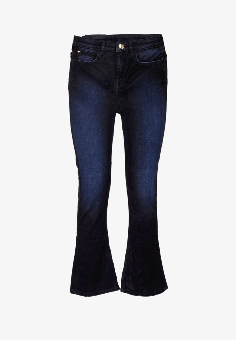 Jean flare bleu foncé avec poches avant, fermeture par boutons et détail délavé sur les cuisses sur fond blanc.