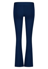 Mörkblå utsvängda leggings tillverkade av stretchigt tyg med en slät yta och hög midja. Inga synliga mönster eller hårdvarudetaljer.