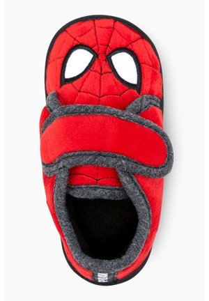 Zapatilla roja de niño con detalles en negro y gris, con un diseño de la cara de Spider-Man y una cinta de velcro en la parte superior.