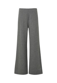 Graue weit geschnittene Hosen aus weichem, strukturiertem Stoff mit hohem Taillendesign und minimalen Nähten. Hat einen geraden Schnitt von der Hüfte bis unten.