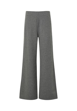 Grijze wijde broek gemaakt van zachte, gestructureerde stof met een hoge taille en minimale naden. Heeft een rechte snit van de heup naar beneden.