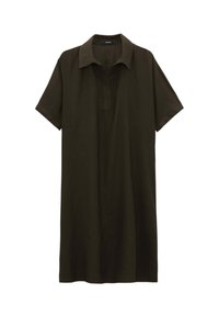 Robe à manches courtes avec col, en vert olive foncé. Confectionnée dans un tissu léger, elle comporte une patte de boutonnage et une coupe décontractée.