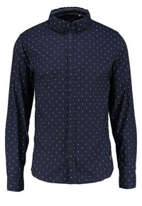 Navyblauwe button-down shirt met een patroonontwerp en een klassieke kraag. Heeft een zachte textuur en donkere knopen aan de voorkant.