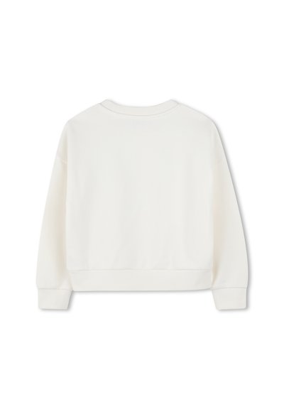 Sweatshirt blanc court avec un col rond, des manches longues et des poignets côtelés. Texture lisse sans motifs ni matériel visible.