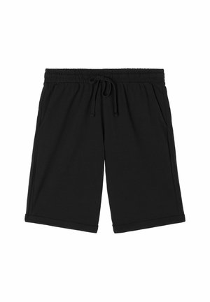 Shorts neri realizzati in un tessuto morbido, caratterizzati da una vita elastica con coulisse, tasche laterali e una vestibilità comoda con orli arrotolati.
