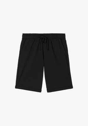 Schwarze Shorts aus weichem Stoff, mit elastischem Bund und Kordelzug, seitlichen Taschen und lockerer Passform mit umgeschlagenen Säumen.