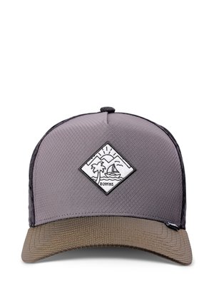 Gray and brown baseball cap with textured fabric and a front patch showing a palm tree, sailboat, sun, and the word "DJINNS."