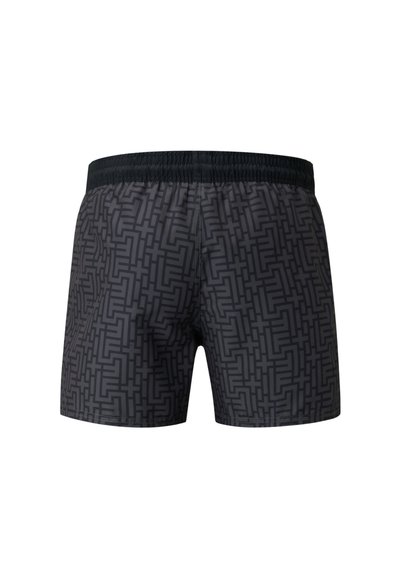 Zwarte zwemshorts met een geometrisch patroon, elastische tailleband, korte lengte en een gladde textuur, geschikt voor wateractiviteiten.