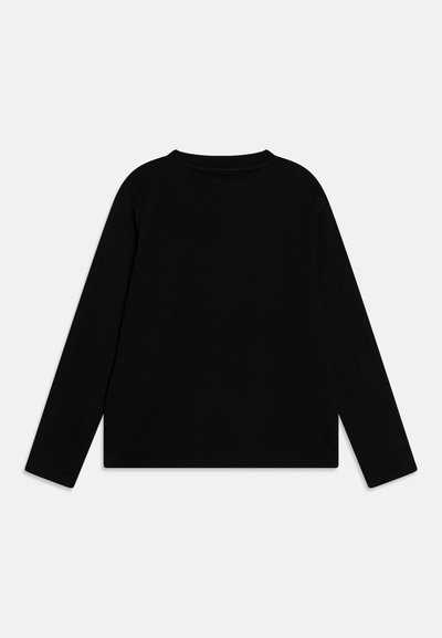 T-shirt nera a maniche lunghe. Materiale in cotone morbido, scollo a girocollo, orlo diritto e design semplice senza decorazioni o motivi.